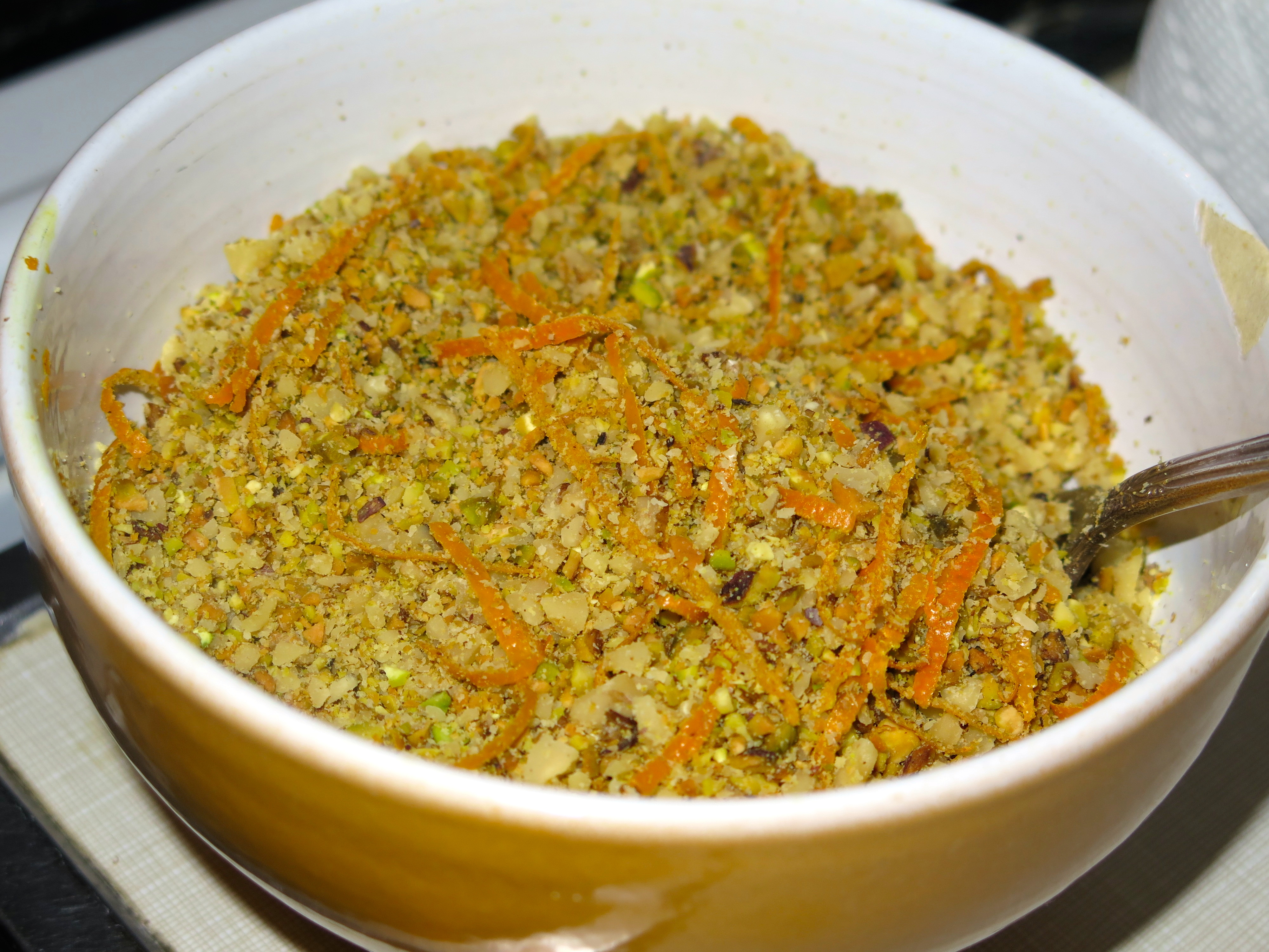 The filling=nuts mixed with orange peel and a little of the glaze